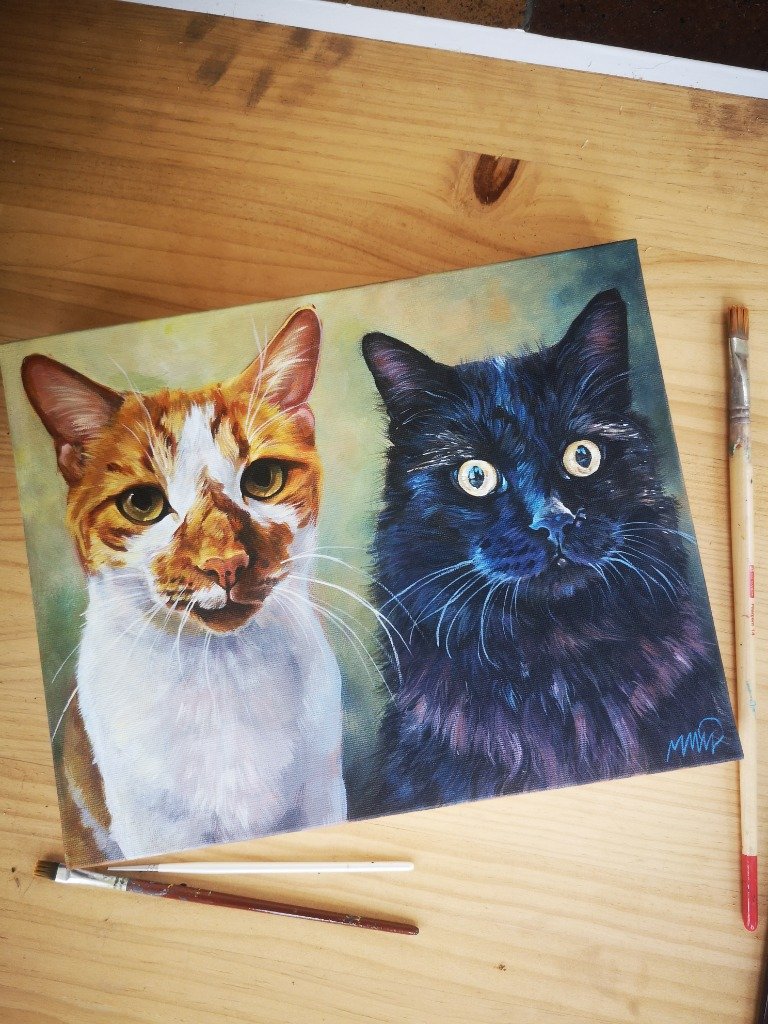 Retrato doble de dos gatos al acrílico
