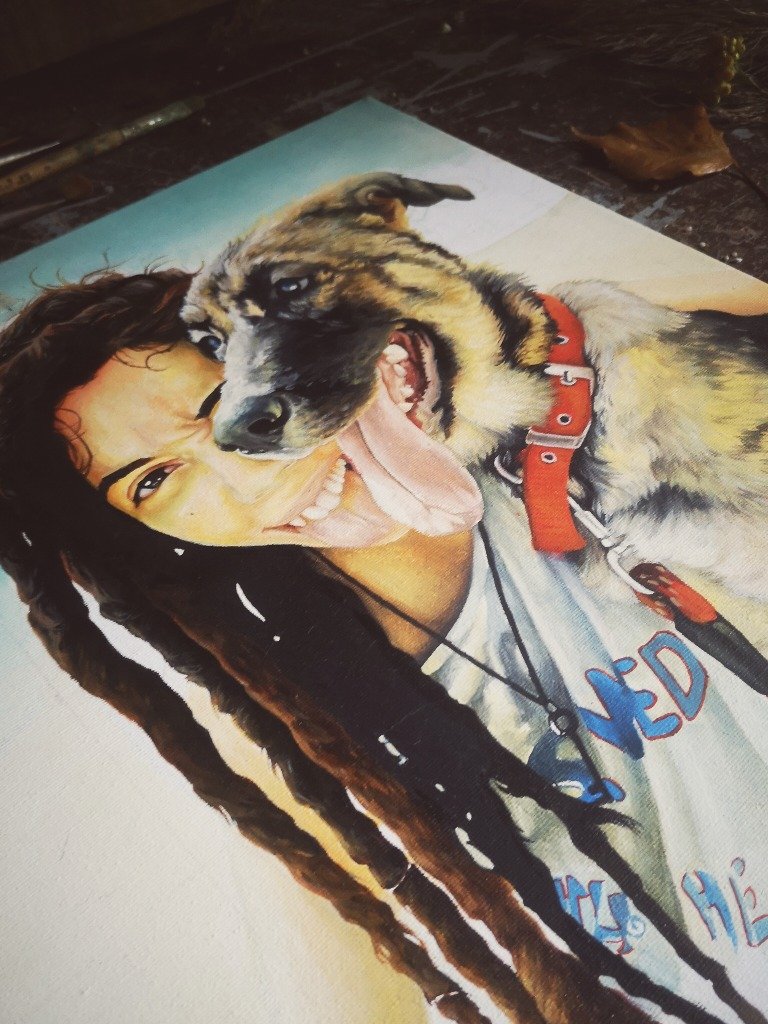 Retrato al óleo dueña y perro